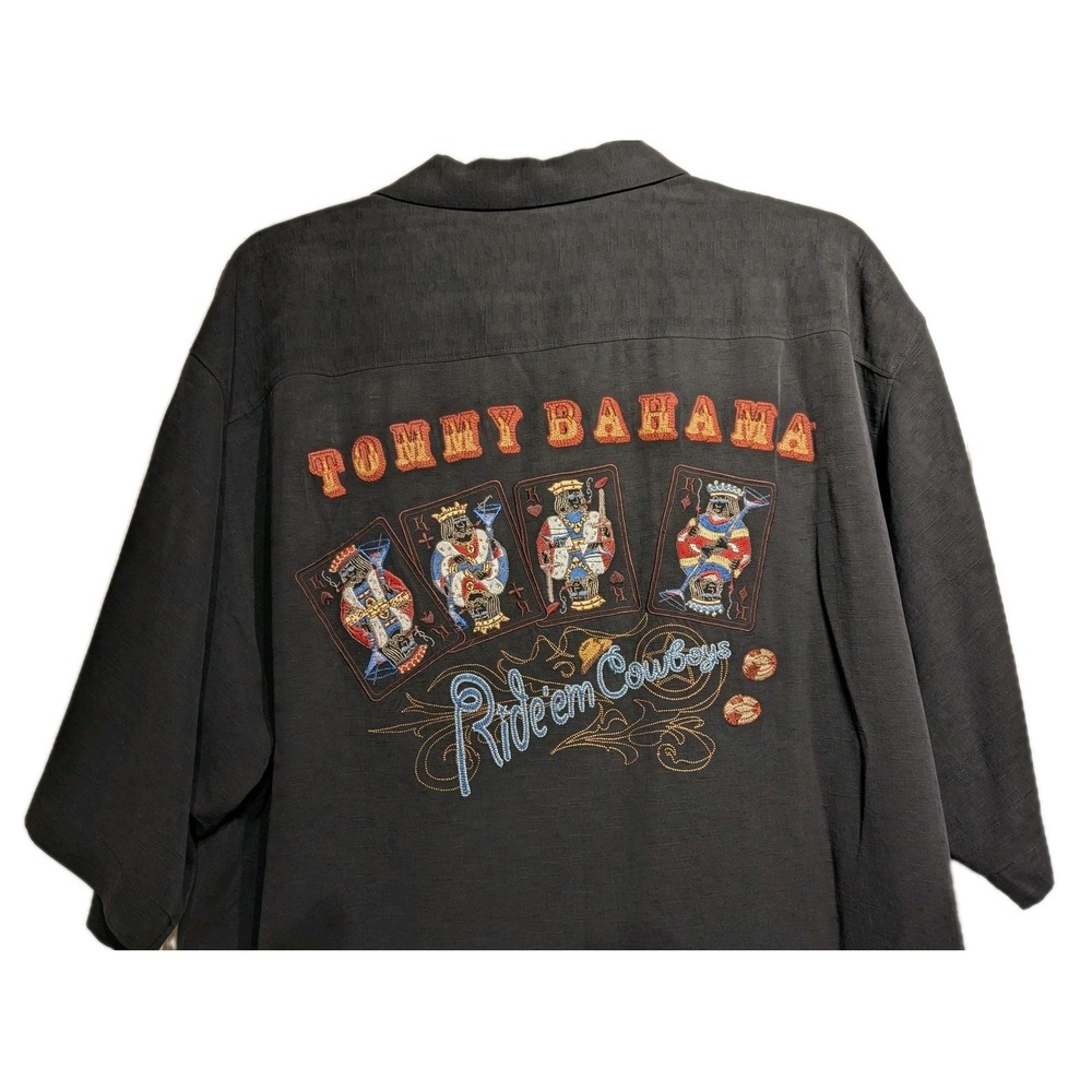 Tommy Bahama Shirt Mens L Blk. Silk Ride 'Em Cowboys Embroidered Casino Kings